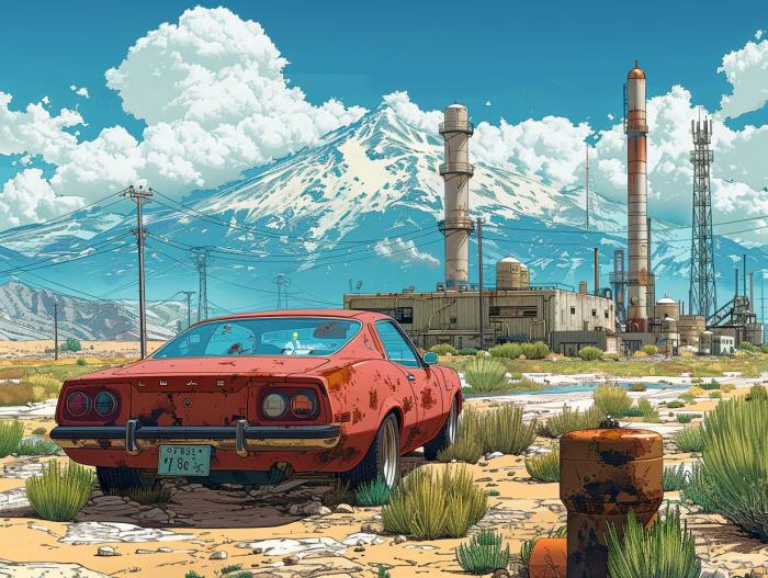 Breaking Bad: 10 imágenes al estilo Studio Ghibli 11 coche rojo frente a una fábrica