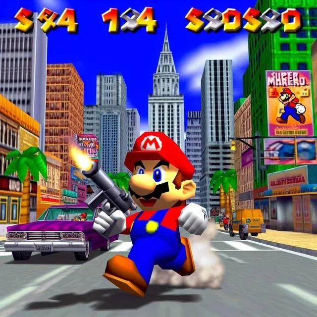 Mario con una pistola en las calles de Vice City.
