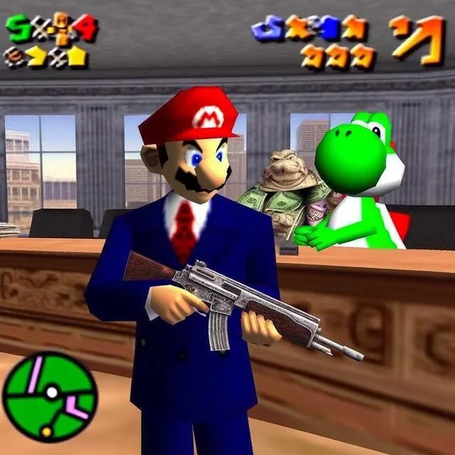 Mario disfrazado con un arma.