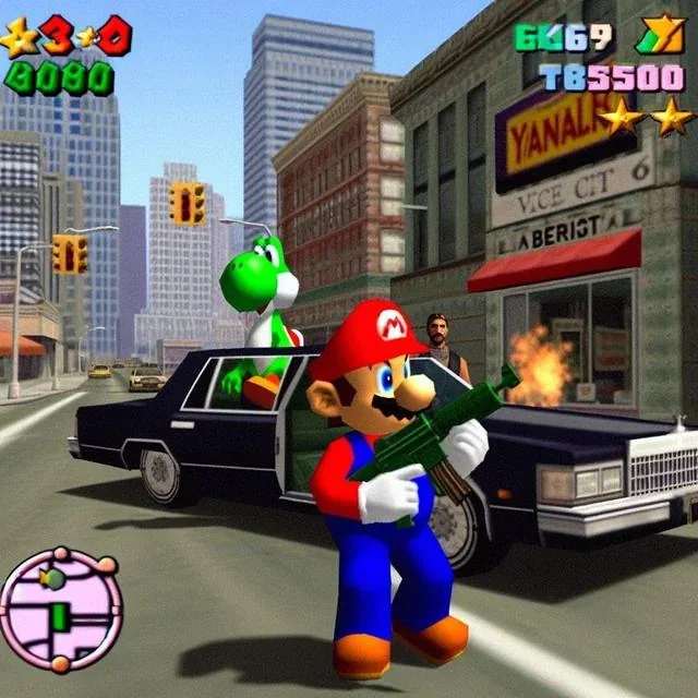 Mario dispara armas y Yoshi en un auto