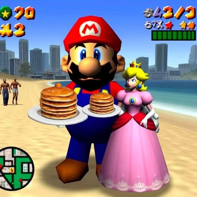 Mario y Peach en una playa sosteniendo panqueques en un plato