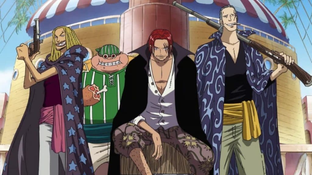 Yasopp, Lucky Roux, Shanks y Benn Beckman de la Tripulación del Roux en One Piece