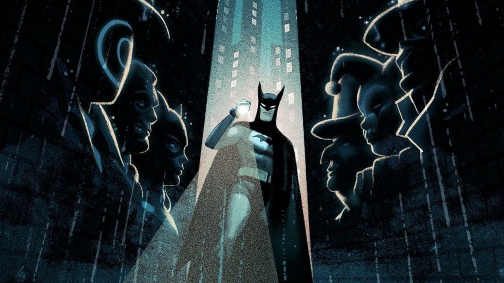 batman se encuentra en un halo de luz mientras todos los villanos lo observan desde la oscuridad