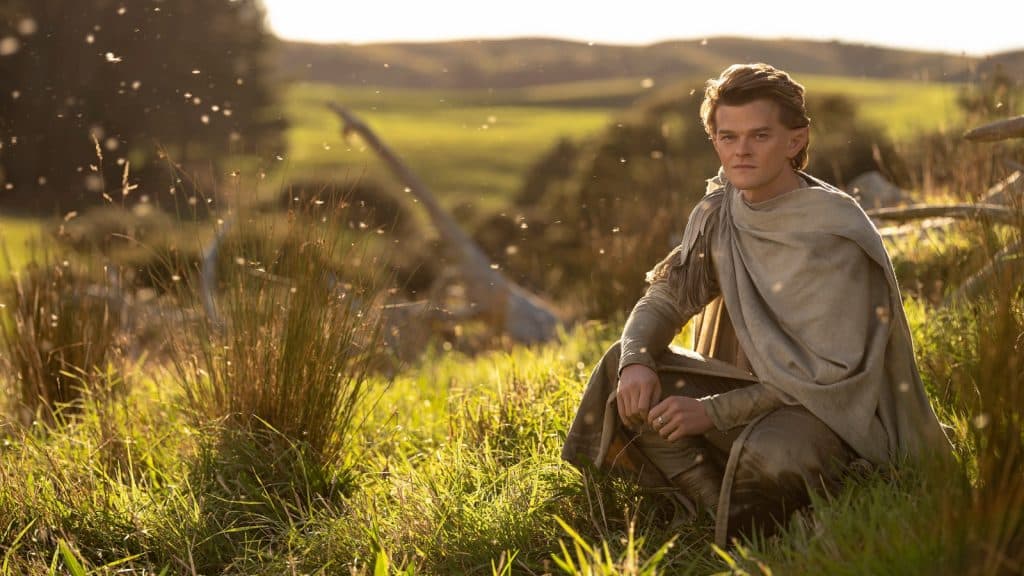 un elfo con una capa blanca agachado en un prado lleno de polen