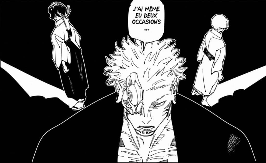 sukuna frente a dos personajes de espaldas en un espacio envuelto en oscuridad en el final de jujutsu kaisen