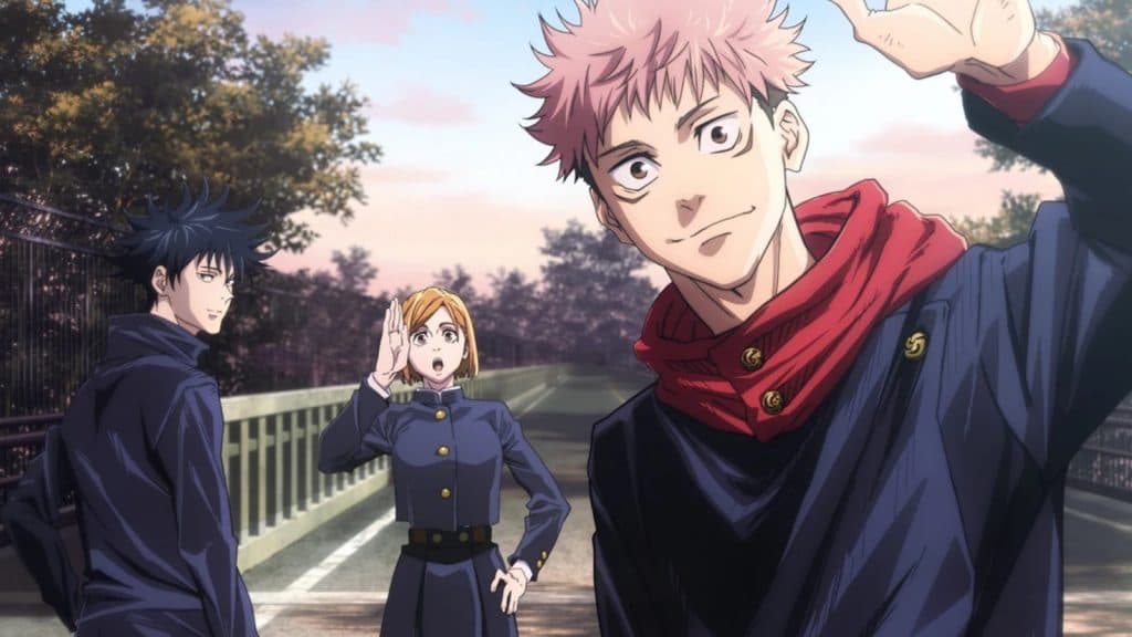 megumi, nobara et yuji sur un pont dans le visuel clé de l'arc instinct grégaire de jujutsu kaisen