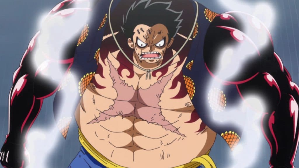 El capítulo 1129 de One Piece confirma una nueva utilización del Gear 4 de Luffy 2 Luffy con los brazos negros inflados en su forma de Gear 4 en el anime One Piece