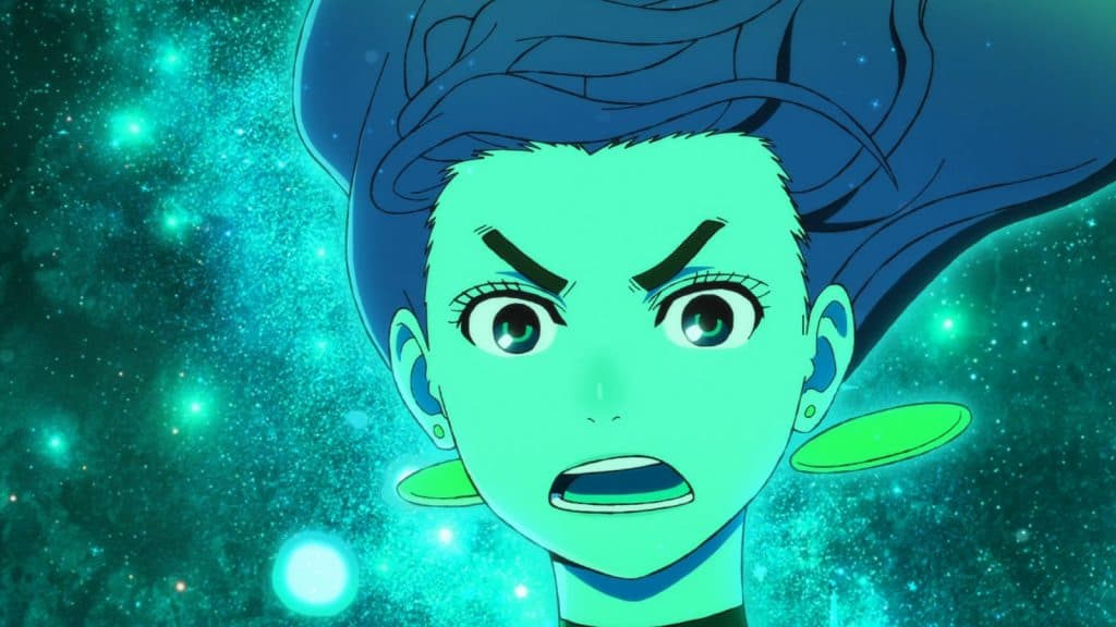 Momo con un fondo estelar cósmico en Dandadan