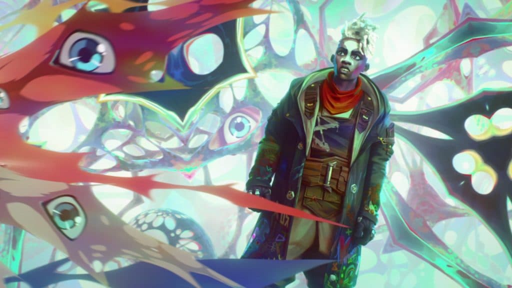 Ekko en un espacio blanco observa cómo el Hextech difracta el ojo de Heimerdinger