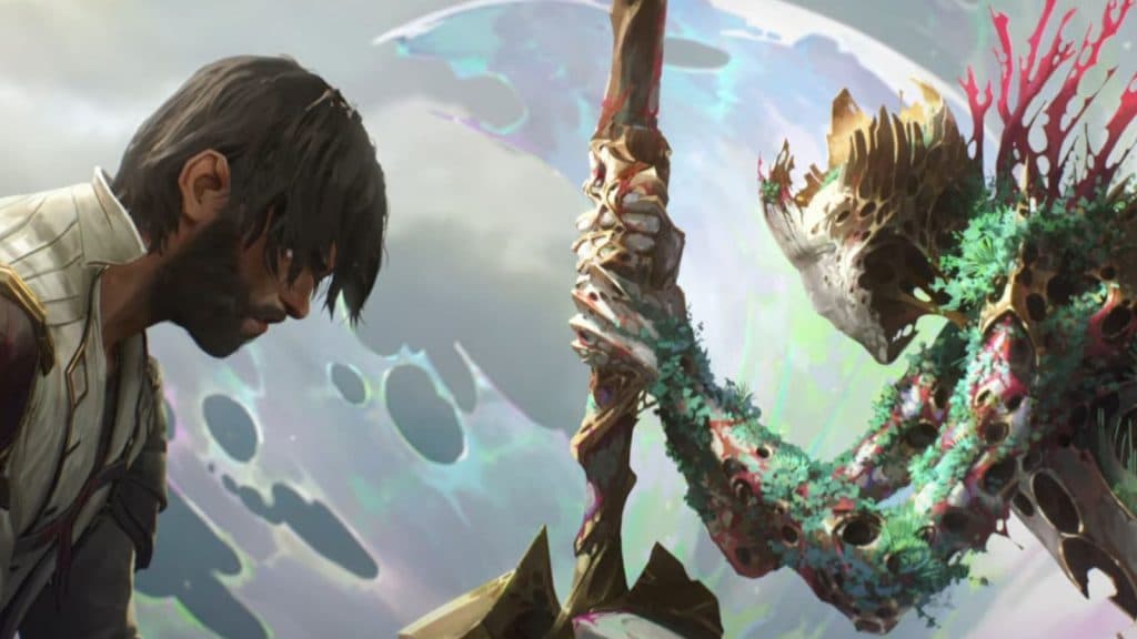 Jayce frente a una silueta distorsionada sosteniendo un martillo en la temporada 2 de Arcane