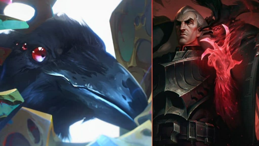 Un cuervo de tres ojos mirando algo que brilla y el general Swain de League of Legends