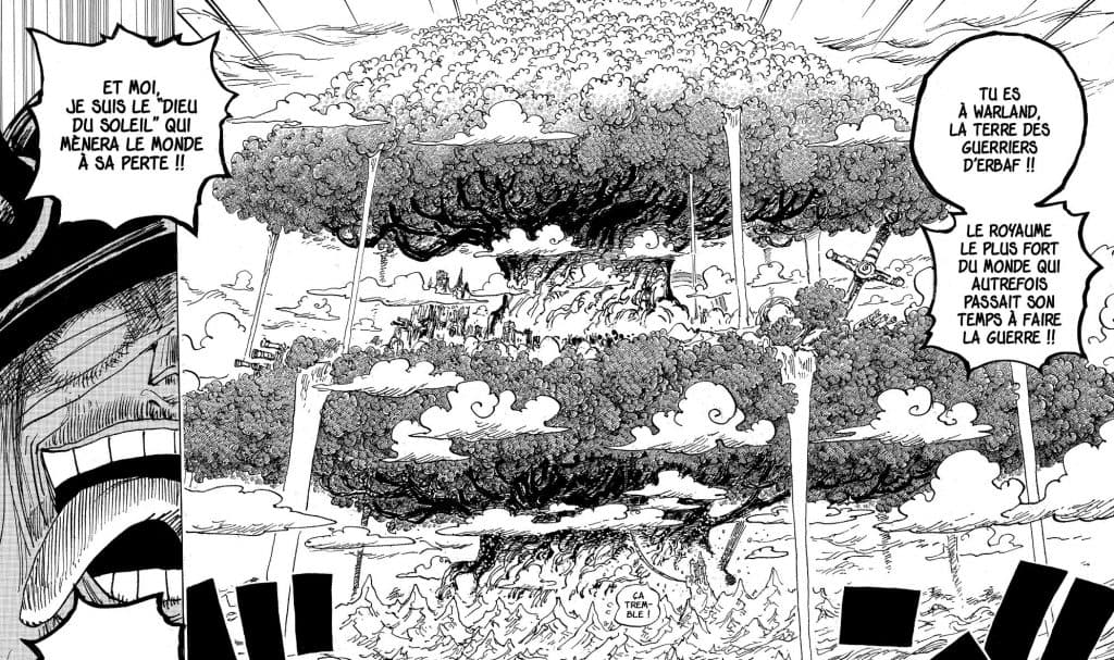 One Piece Capítulo 1132: fecha de lanzamiento y posibles spoilers 2 L'arbre Yggdrasil d'Erbaf et Loki annonçant être le dieu du soleil qui mènera le monde à sa perte dans one piece