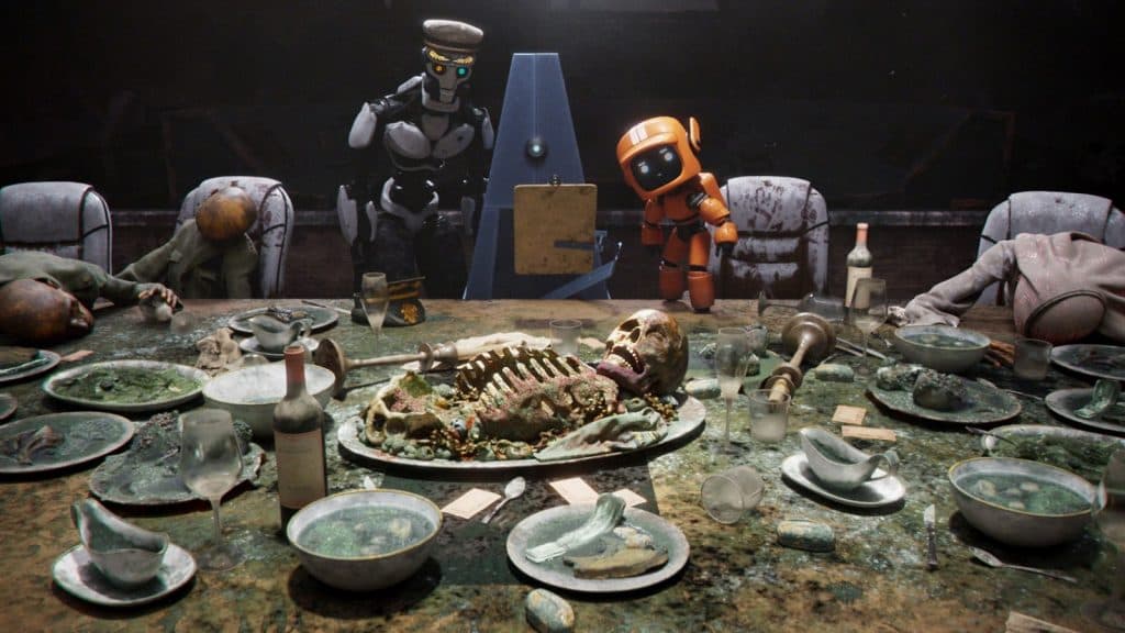 Tres robots observan los restos de una mesa donde humanos han muerto desde hace largo tiempo