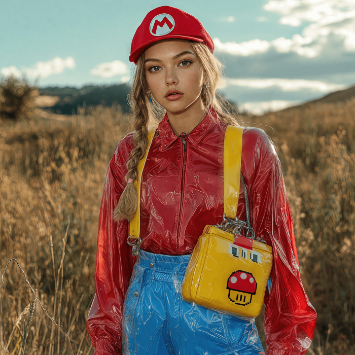 Un pequeño conjunto de mujer de Mario con un bolso de setas.