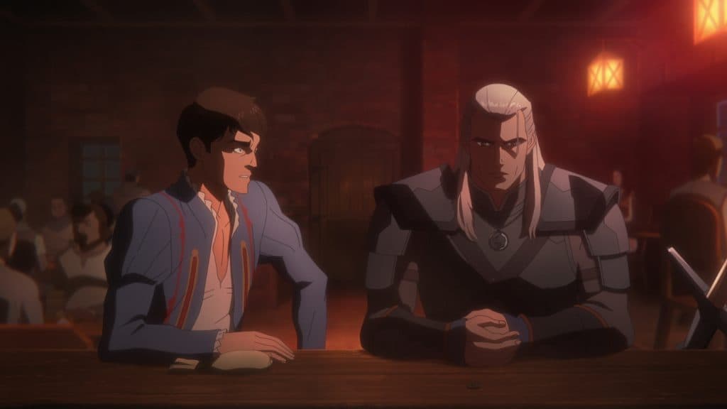 Geralt y Jaskier en una taberna en The Witcher Las sirenas de las profundidades