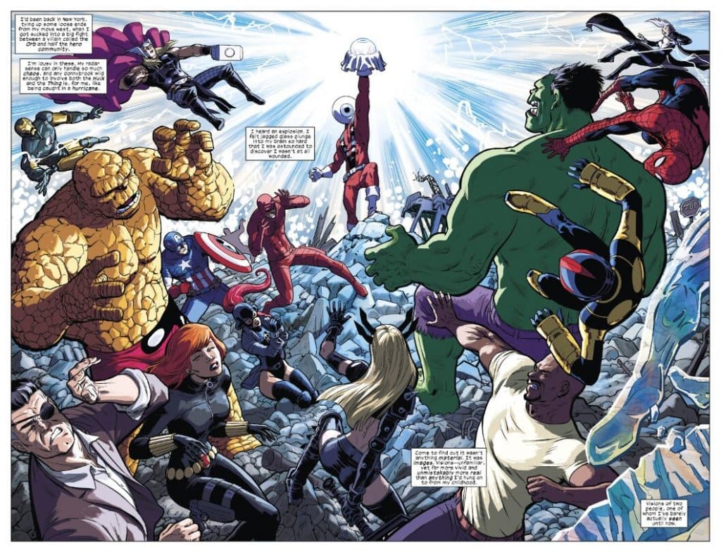 Daredevil luchando con los Vengadores en un cómic