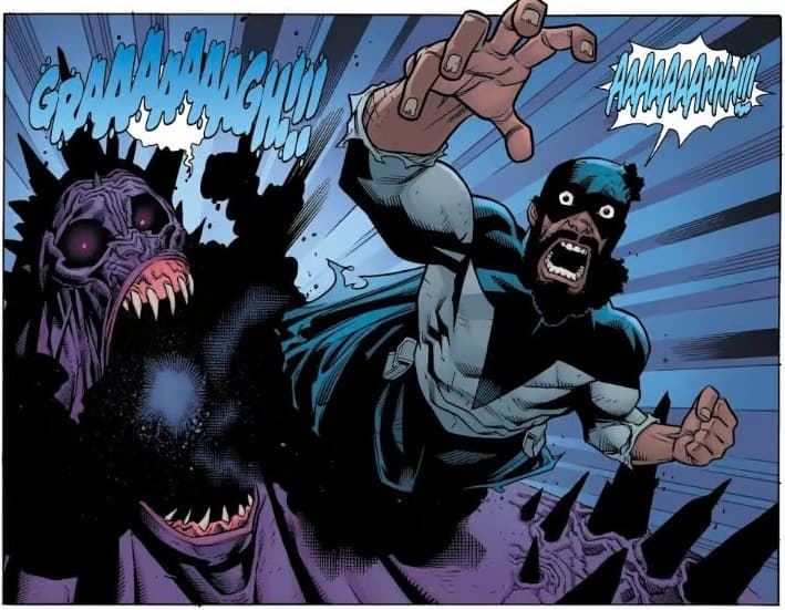 Darkwing sale de la boca de un monstruo en Invincible