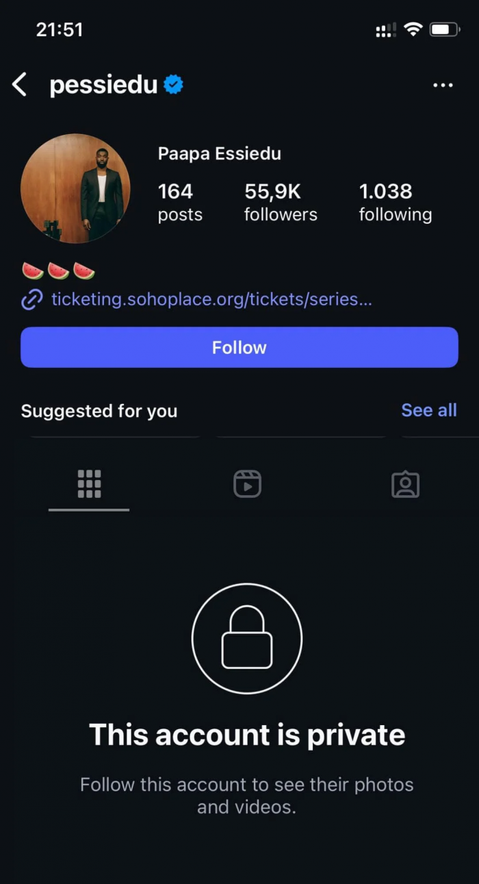 Cuenta de Instagram de Paapa Essiedu en privado