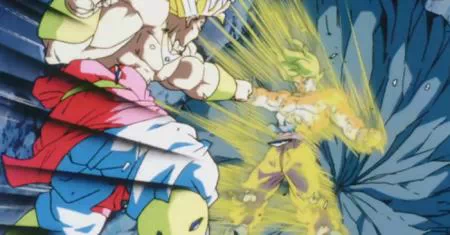 Goku bloqueando un golpe de Broly