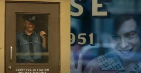 Policía y dama en la tienda de bienvenida a Derry 